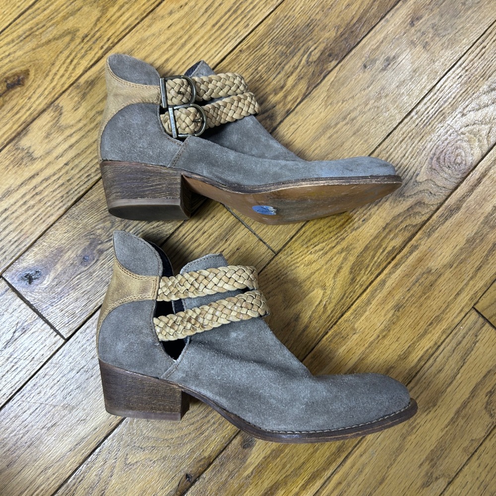 Rebels Taupe Suede Braided Buckle Ankle Boots Womens 7.5 Cutout Western Booties
